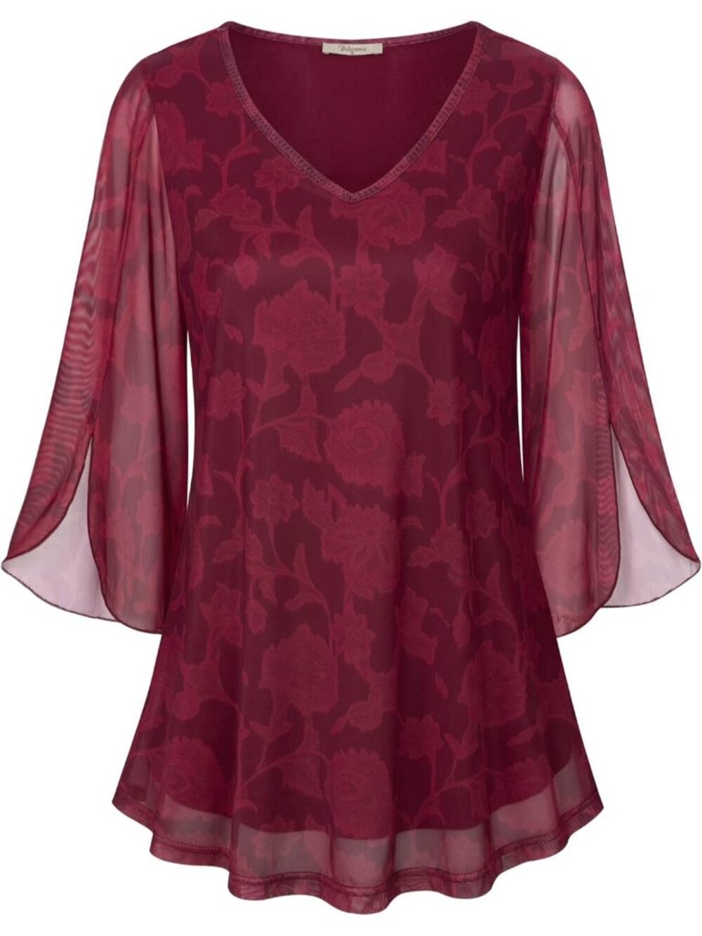 Bebonnie Women's Top Red Ruffle 3/4 Sleeves V Neck Double Layers Mesh Blouses
